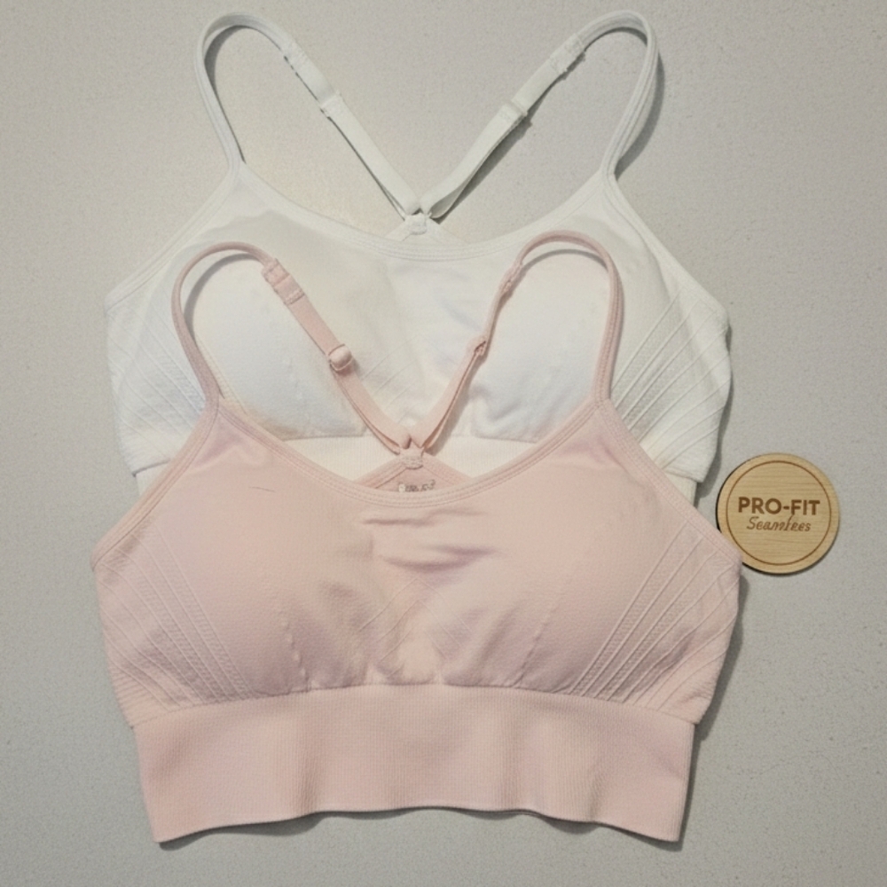 ​Set of 2 Pro-Fit Seamless Ribbed Bralettes - White & Pink - Size Small
